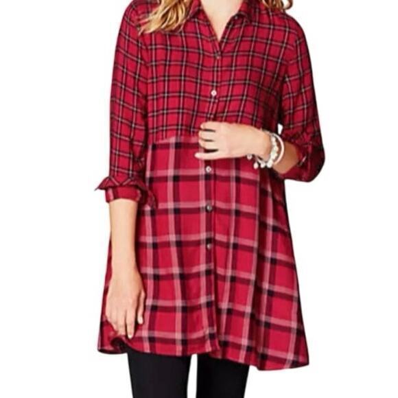 J.Jill Red & Black Tartan Plaid A-Line Tunic Long Button Down Collared Shirt XS - Picture 1 of 17